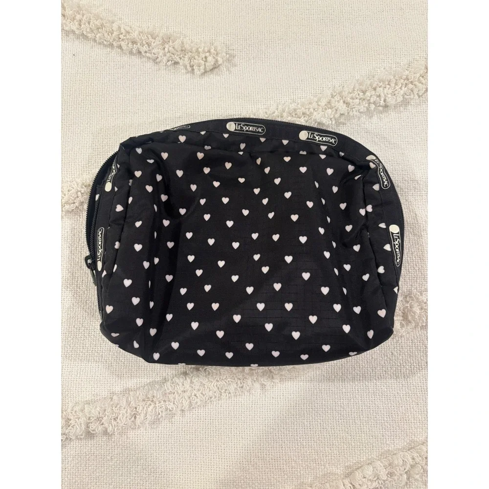 LeSportsac Black White Heart Print Nylon Cosmetic Bag Travel Organizer Pouch 8x6